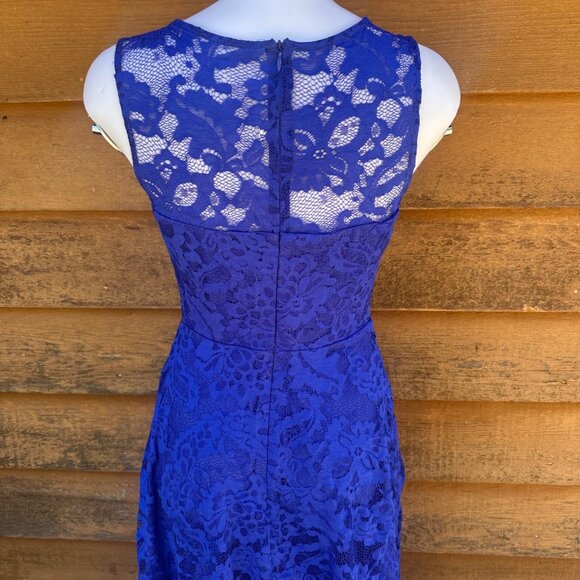 Round Neck Sleeveless Blue Lace Dress With High-Low Hemline & Stretch Fabric Siz - Picture 8 of 9